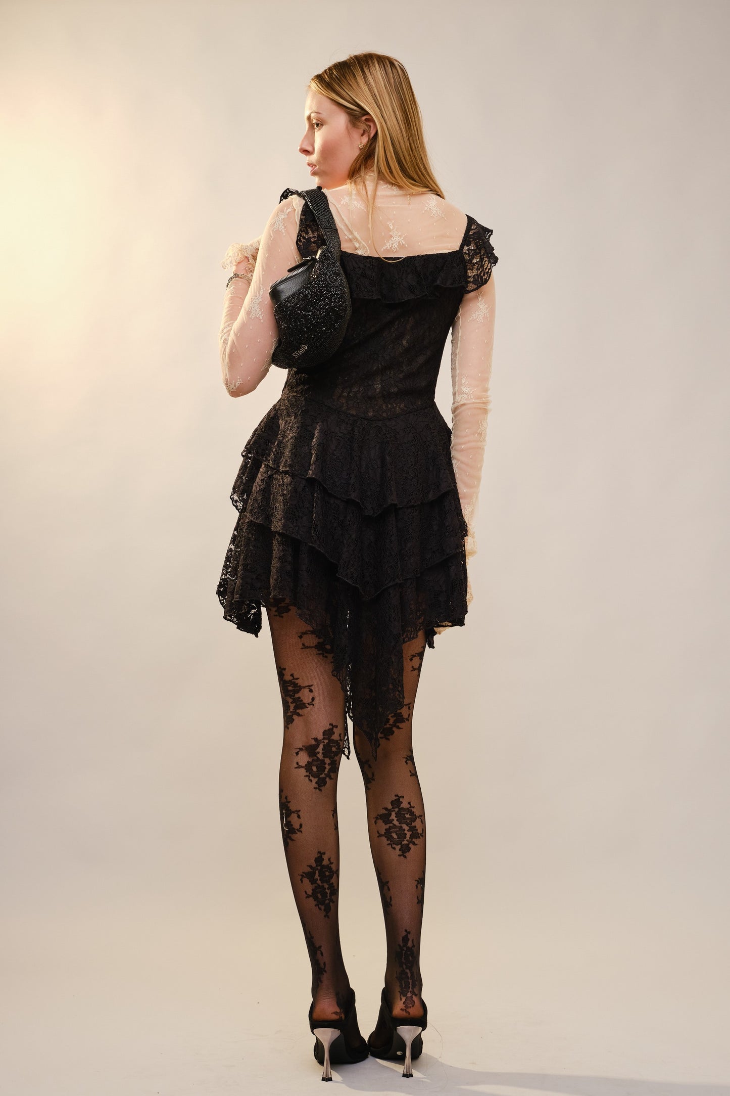 Square Neck Lace Ruffle Dress