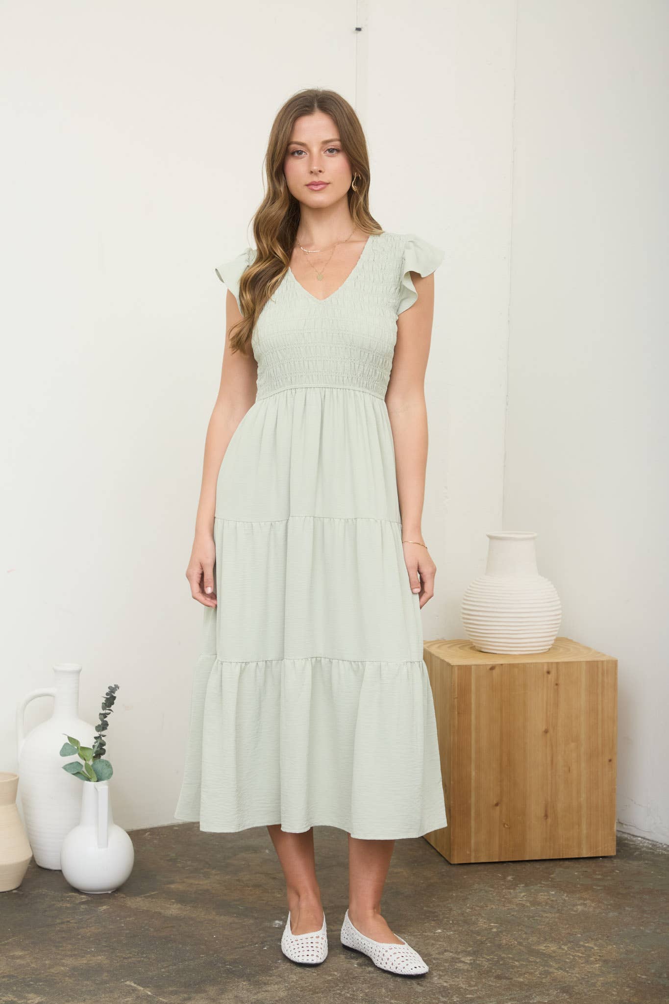 Smocked Midi Dress: Light Olive