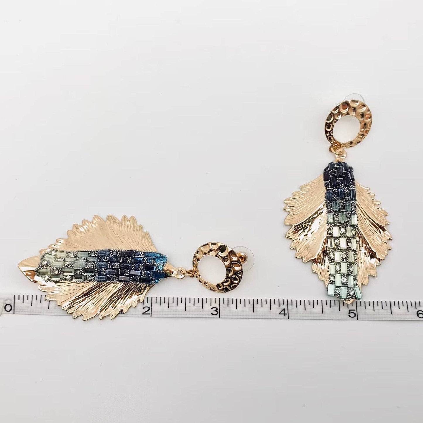 Blue Rhinestone Golden Metal Feather