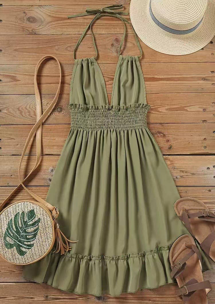 Deep V Halter Dress: Olive-Green
