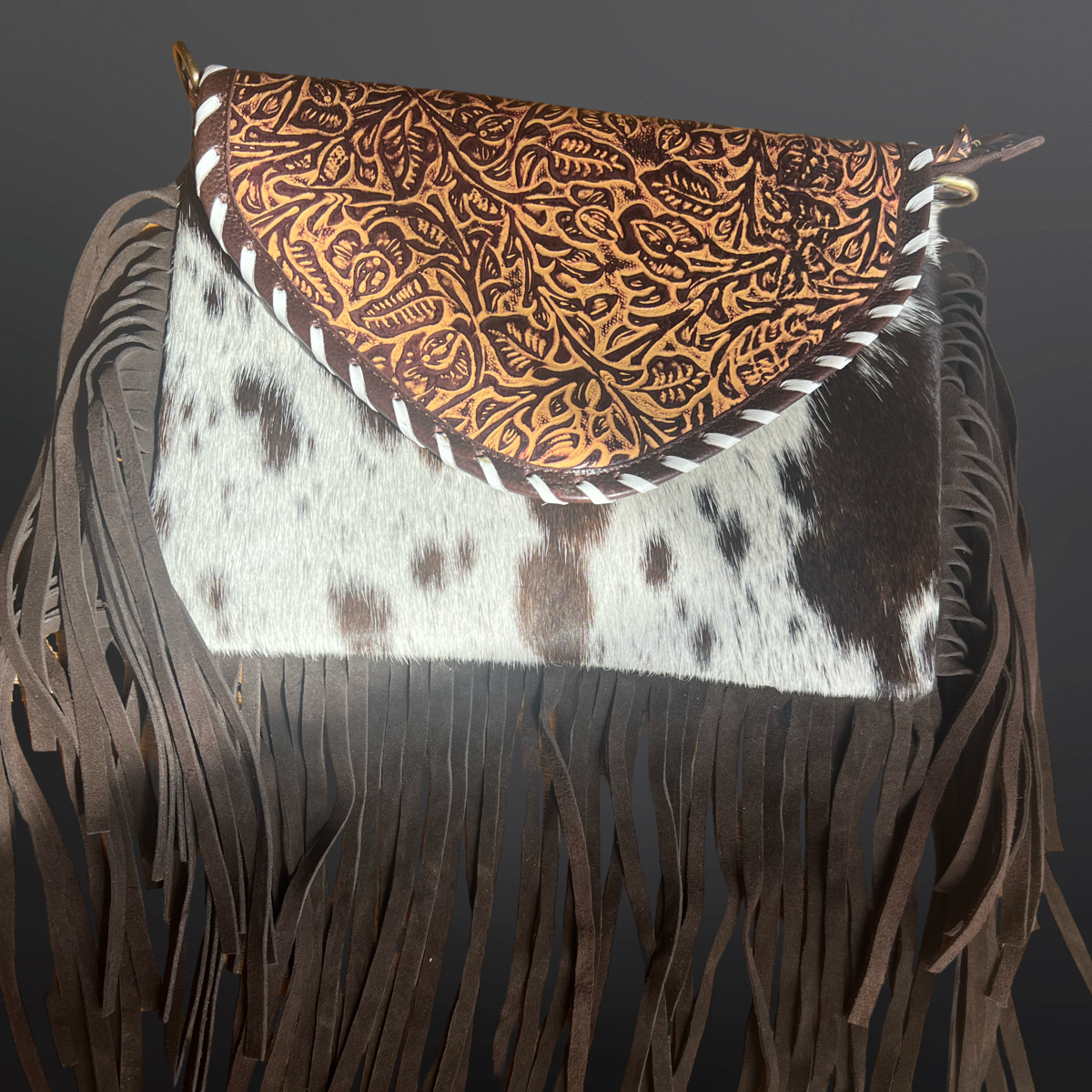 Cowhide Embossed Leather Fringe Handbag: Chocolate Fringe/Brown Embossed