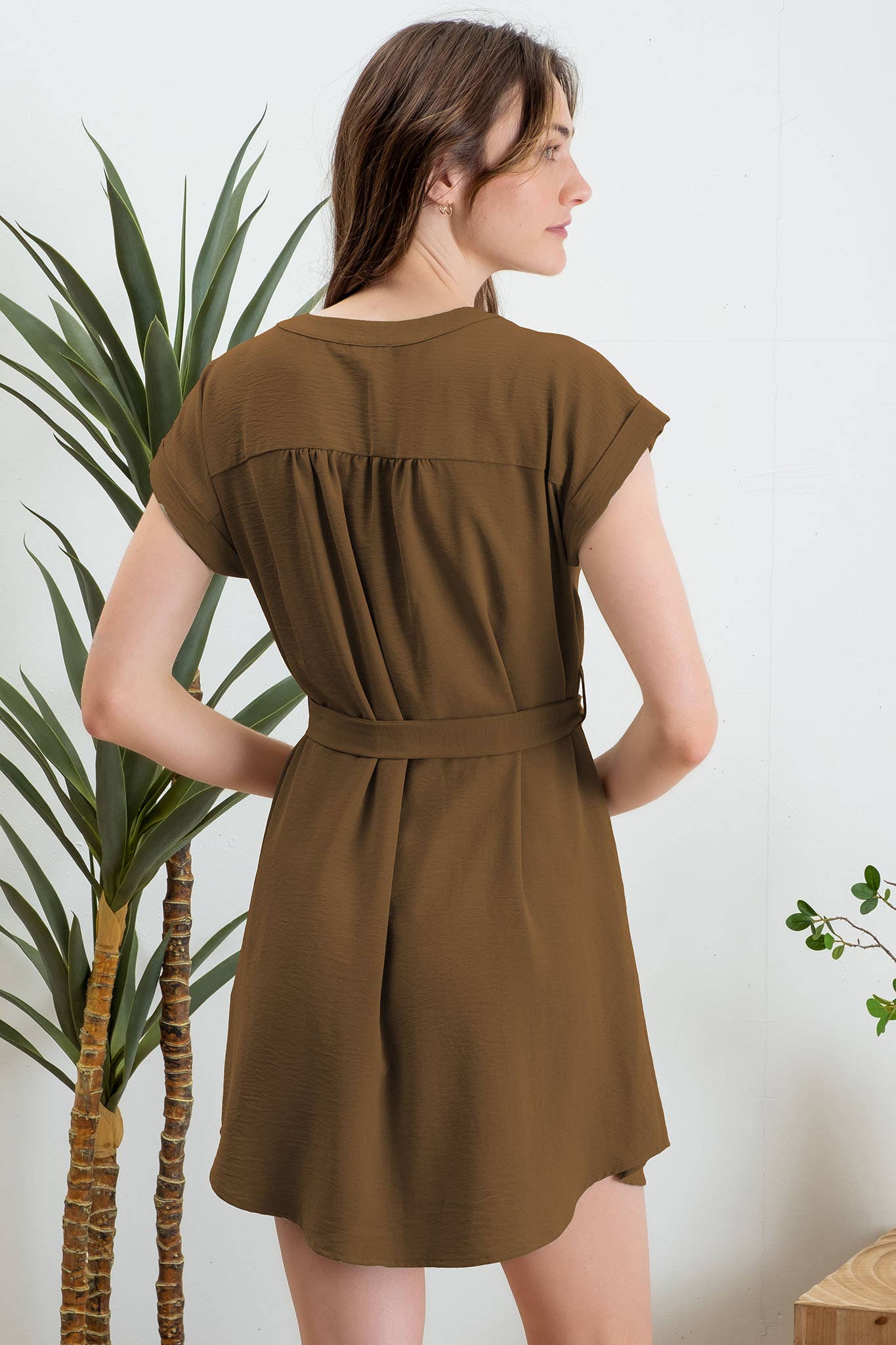 Belted Mini Shirt Dress Brown