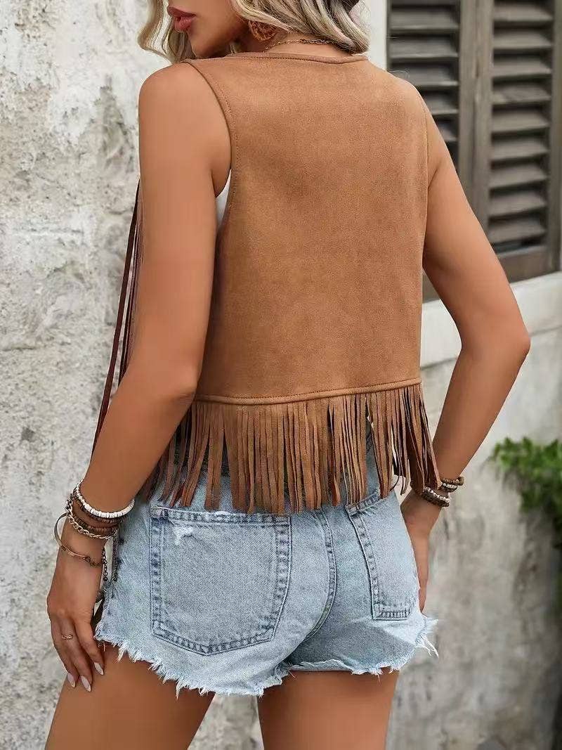 Rustic Western Fringe Open Front Vest: Brown