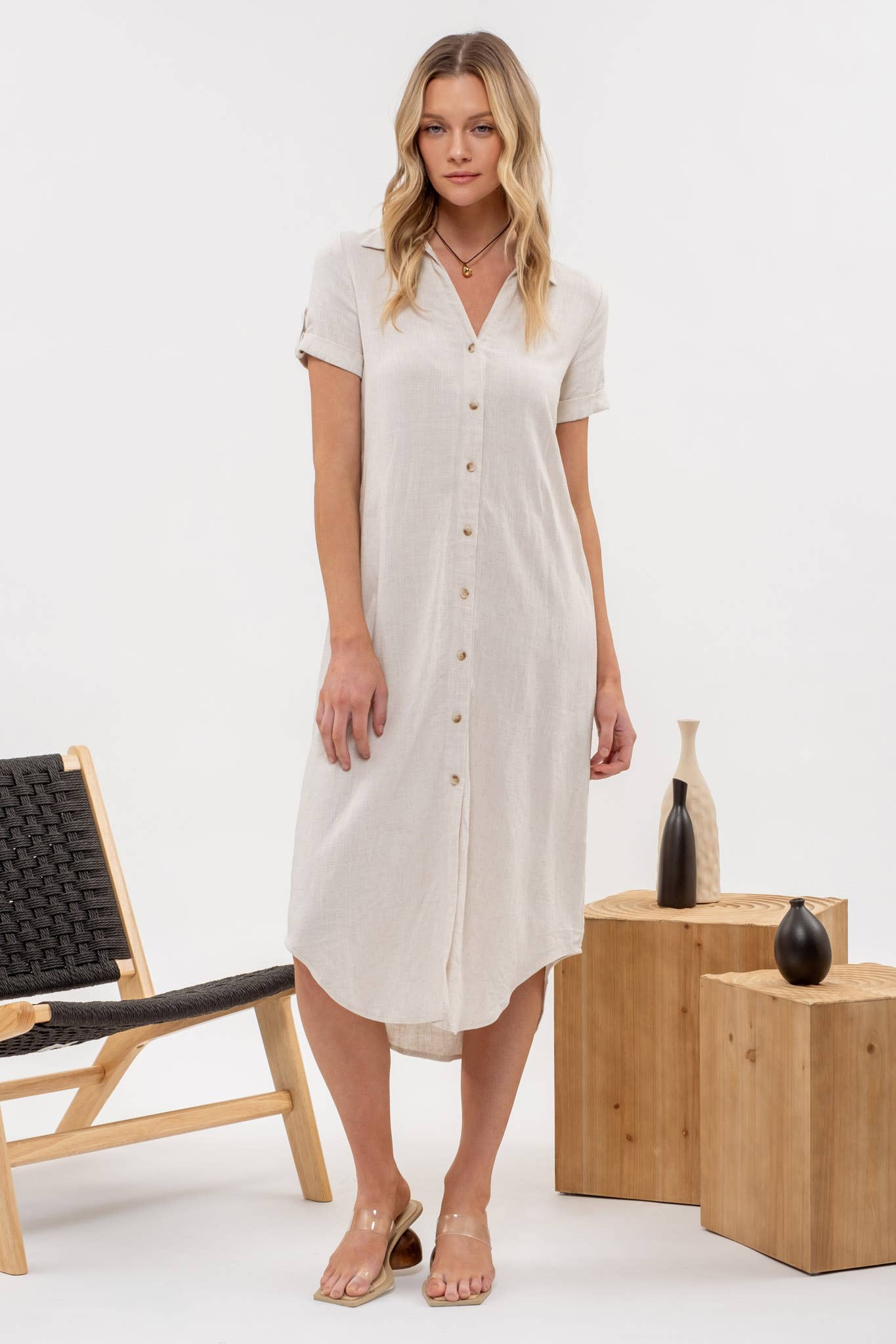 Button Down Natural Midi Dress