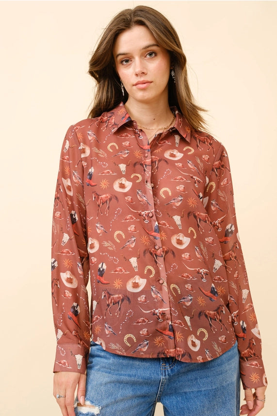 Western Motif Button-Down Russet BRN