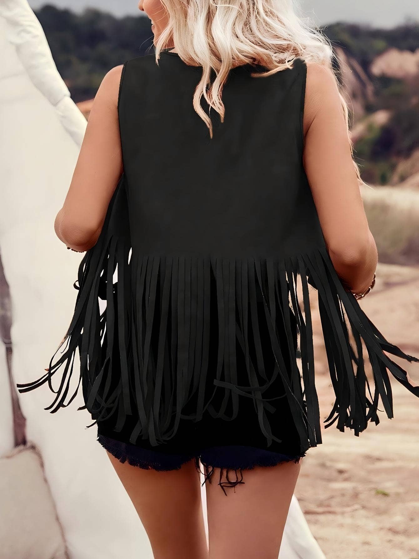 Black Retro Western Cowgirl Fringe Stud Vest