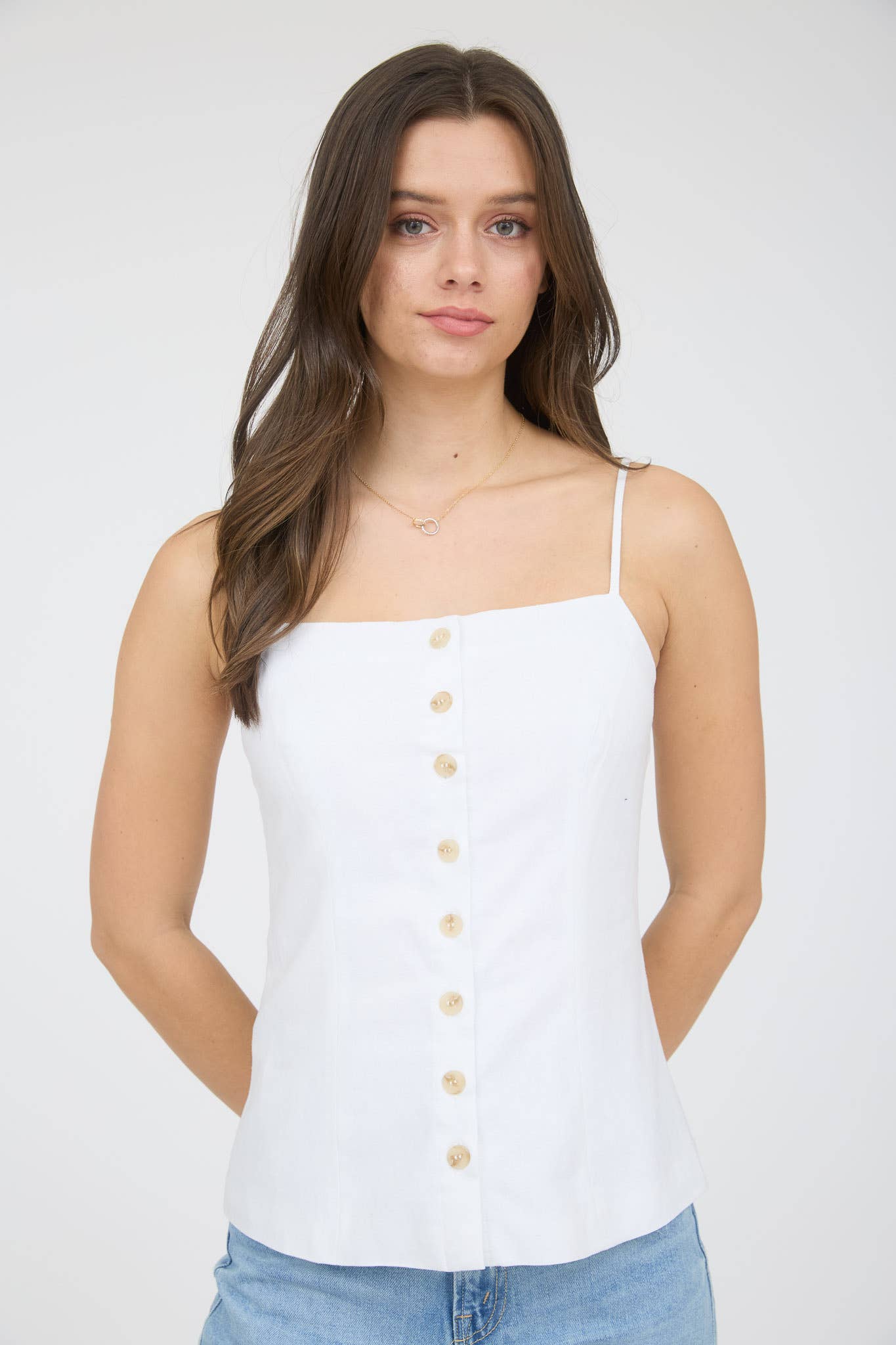 BUTTON DOWN SPAGHETTI STRAP LINEN TOP: WHITE