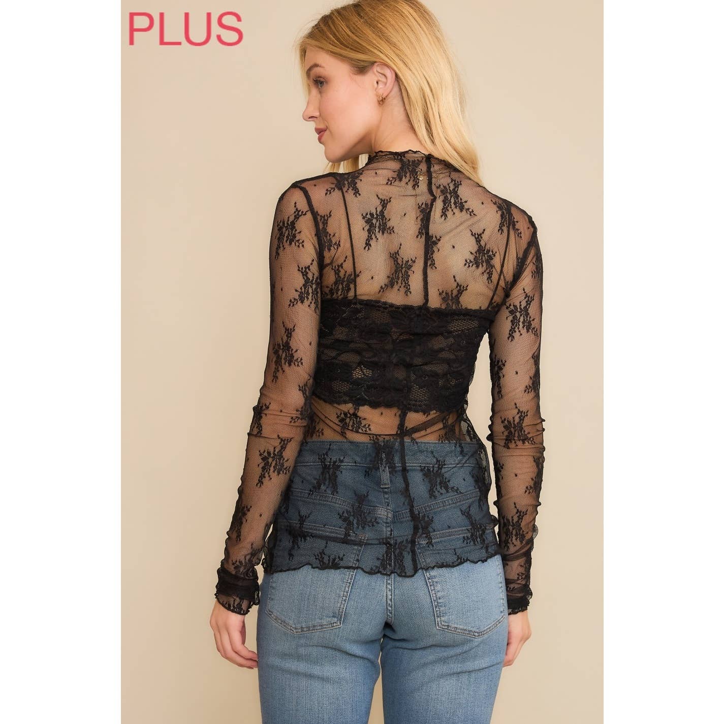 PLUS MESH LACE HIGH NECK TOP: Black