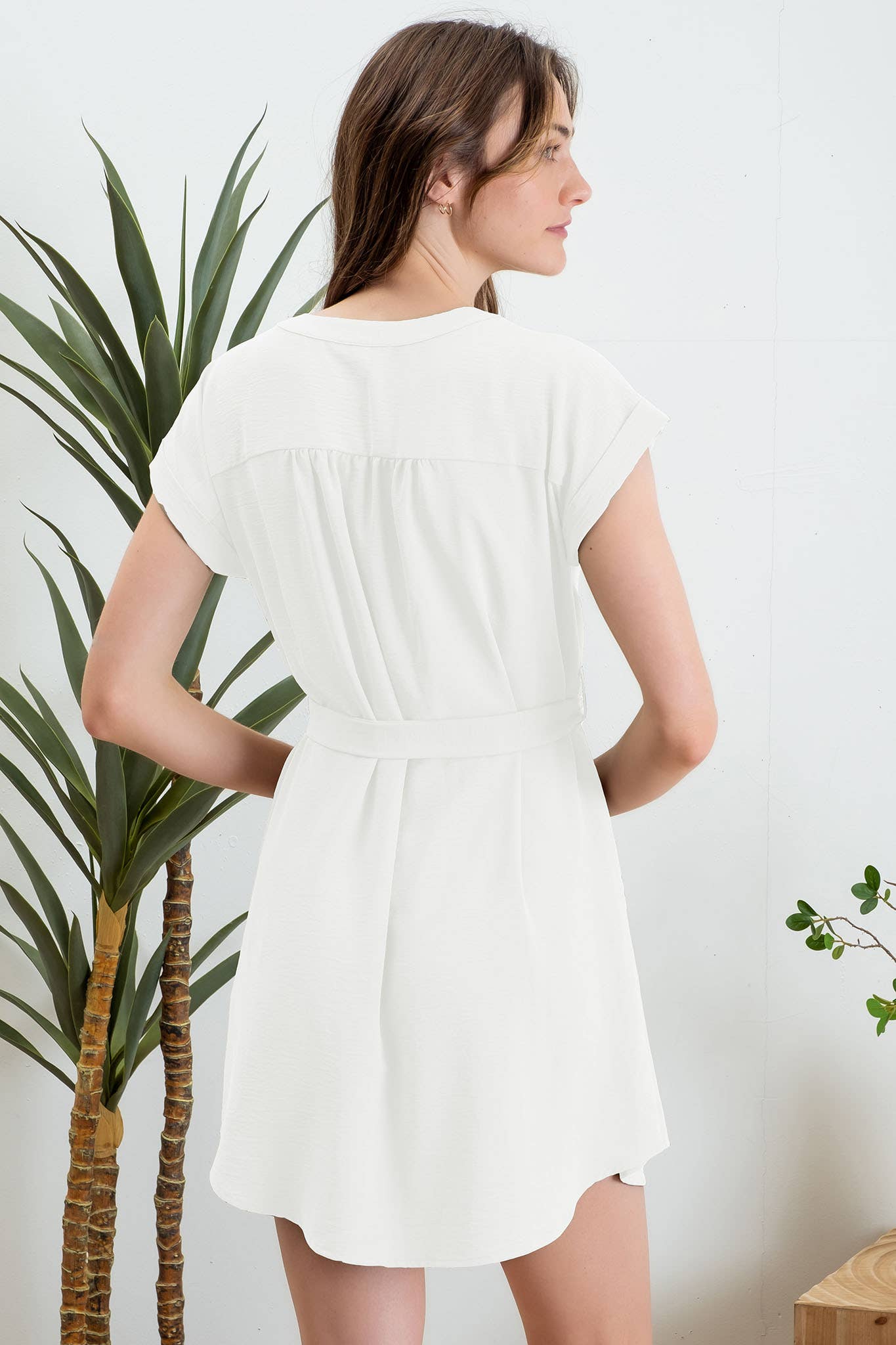 Belted Mini Shirt Dress White
