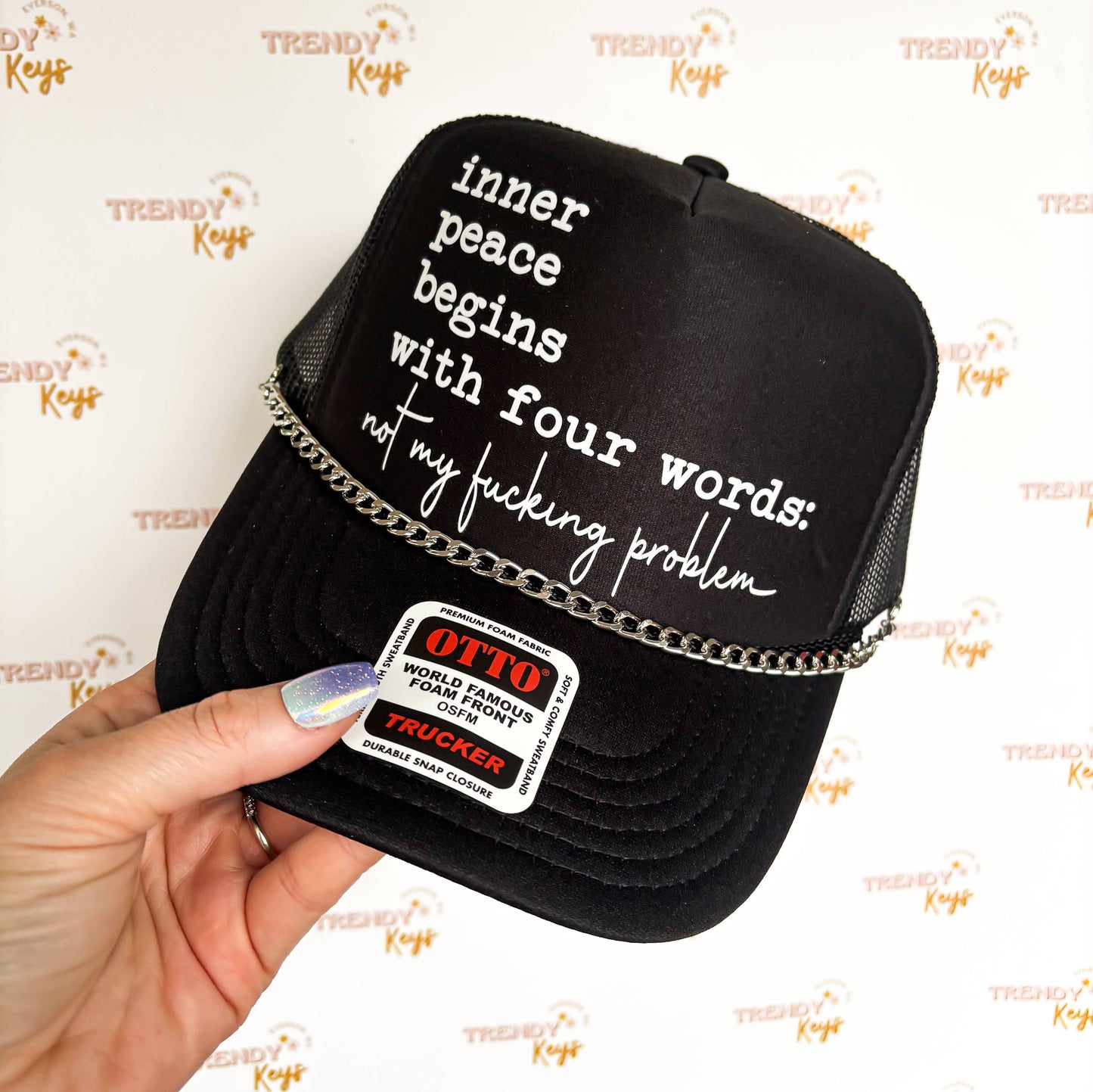 Inner Peace Begins With Four Words Graphic Trucker Hat