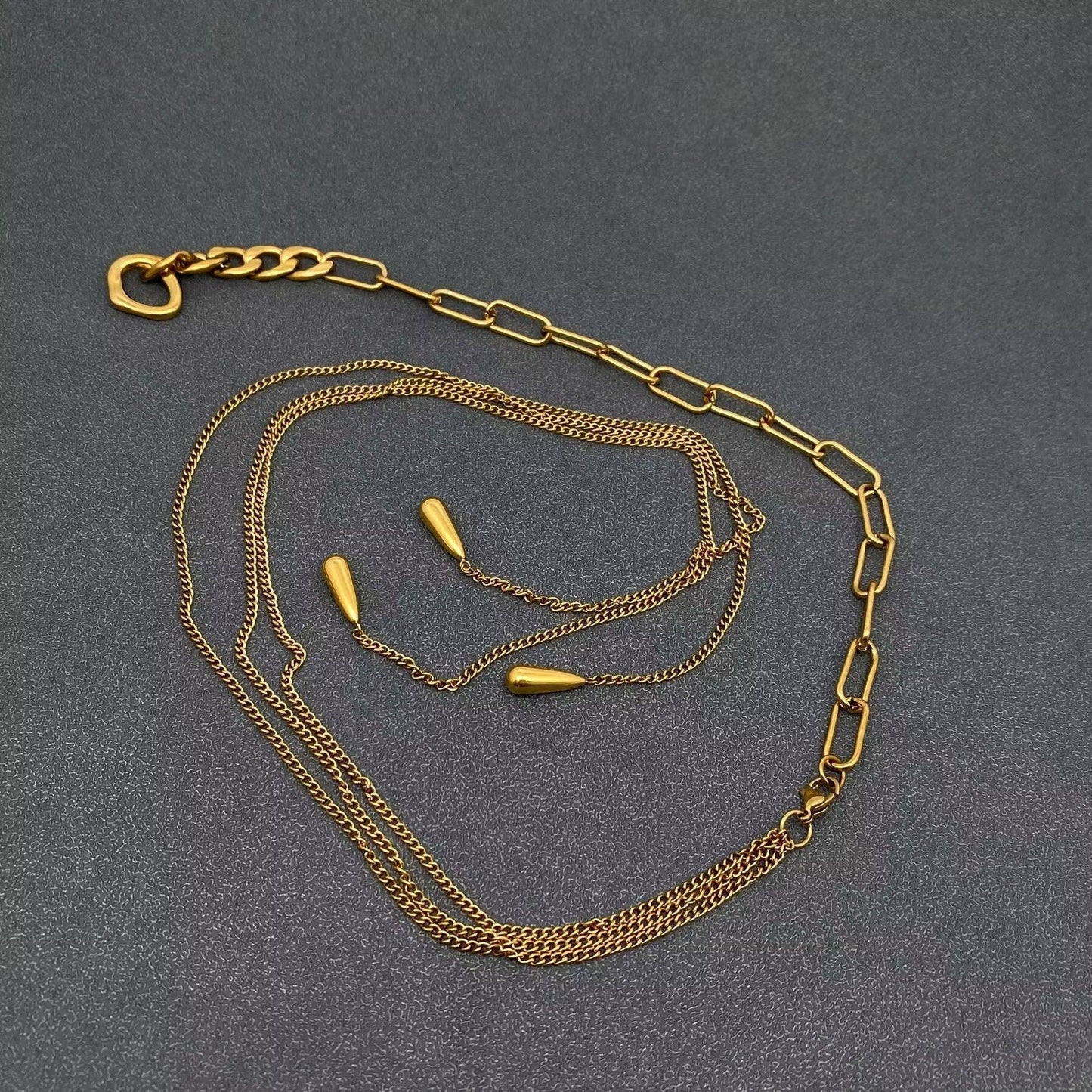 Teardrop Charm 18K Gold Plated SS Chain Lariat Necklace