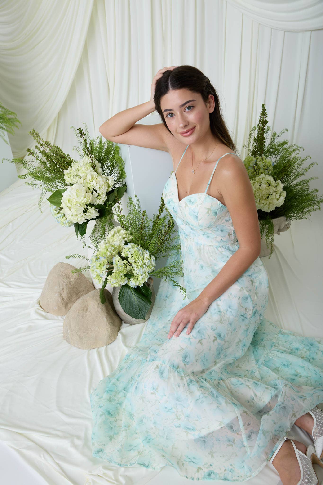 Floral Spaghetti Strap Corset Midi Dress: Mint