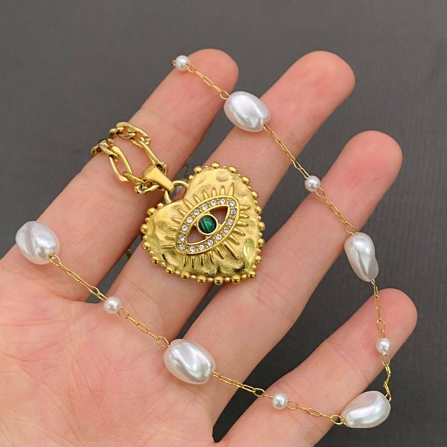CZ Heart Shape Evil Eye 18K Gold Plated SS Necklace - FGS