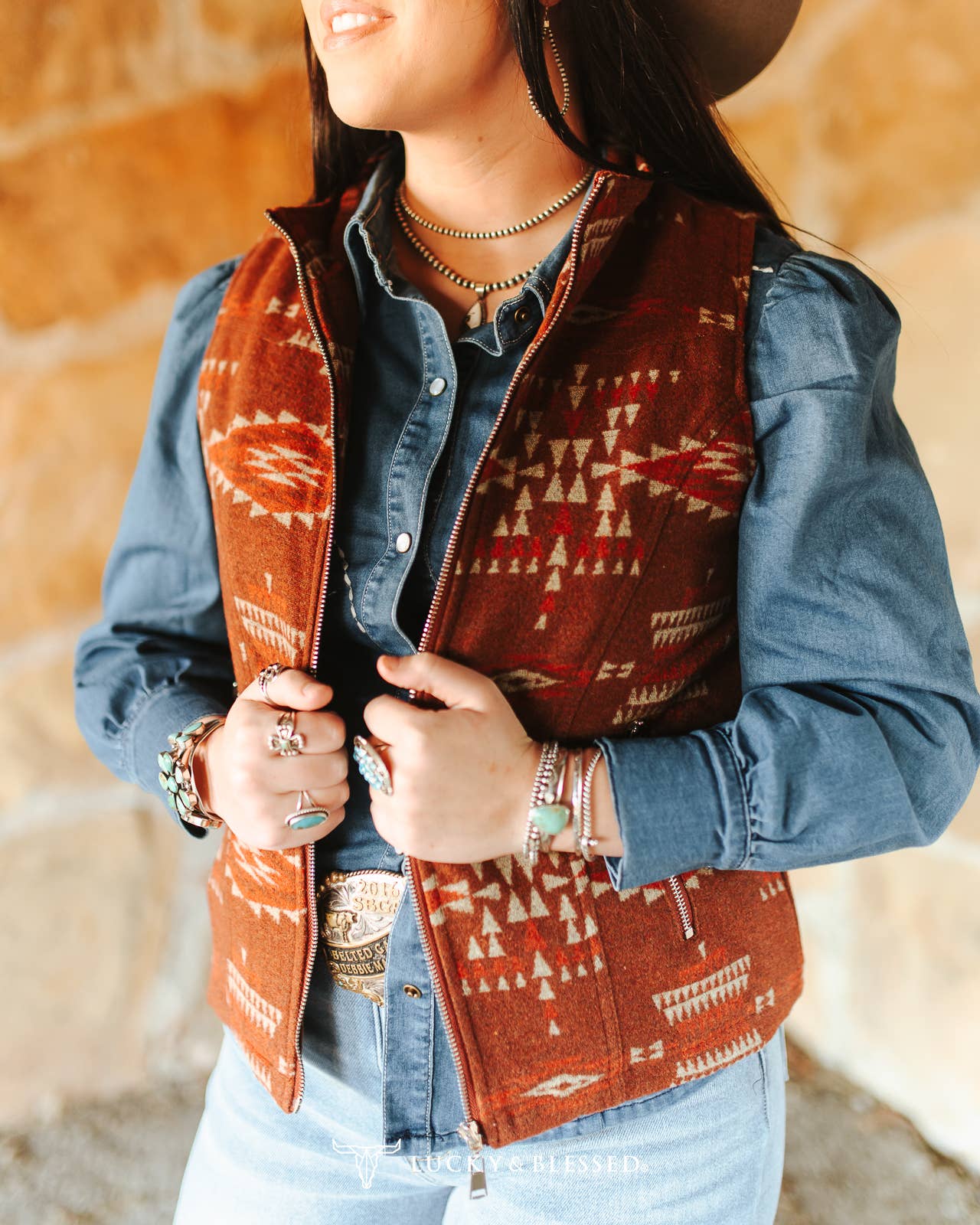 Maroon Orange Beige Aztec Vest