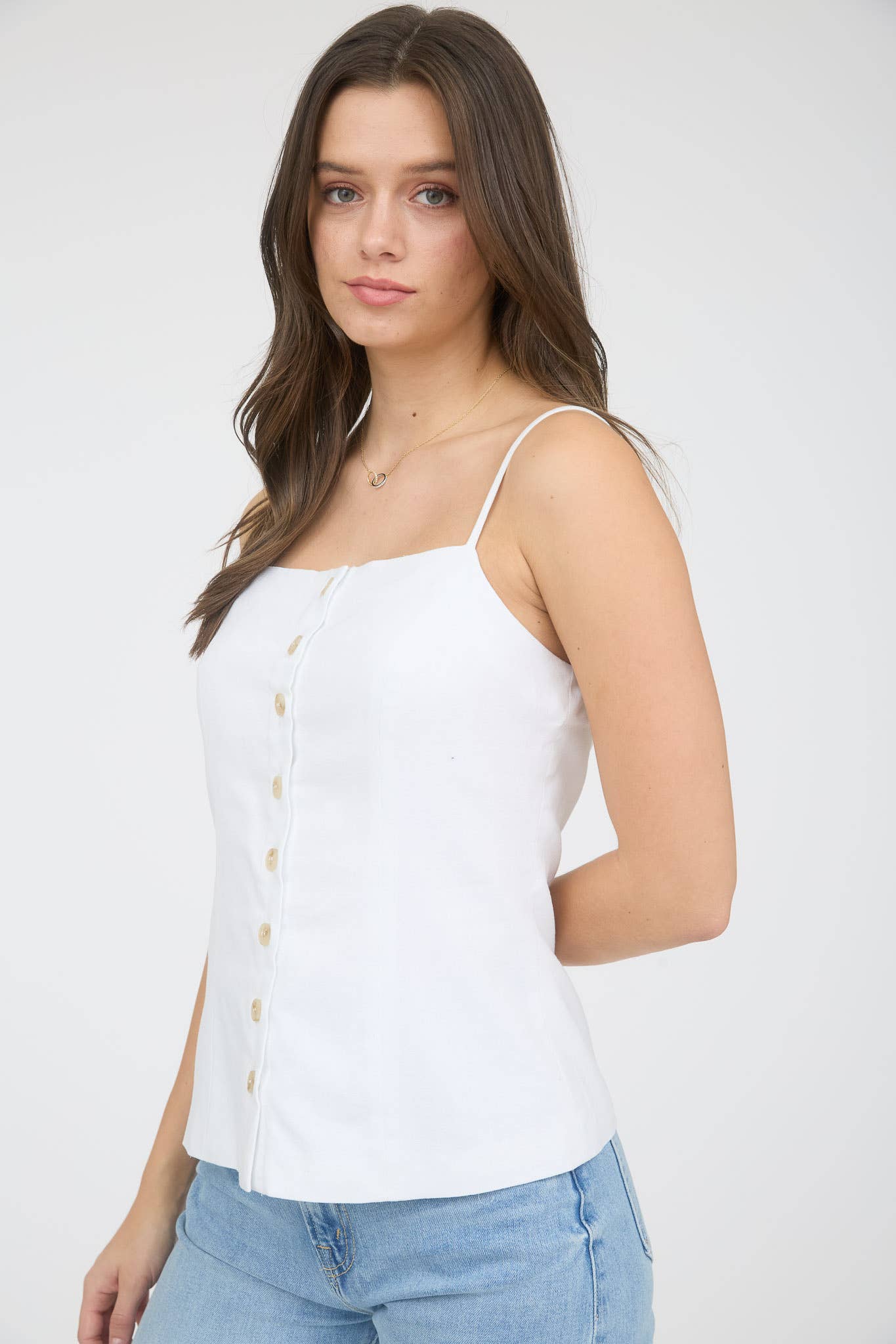 BUTTON DOWN SPAGHETTI STRAP LINEN TOP: WHITE