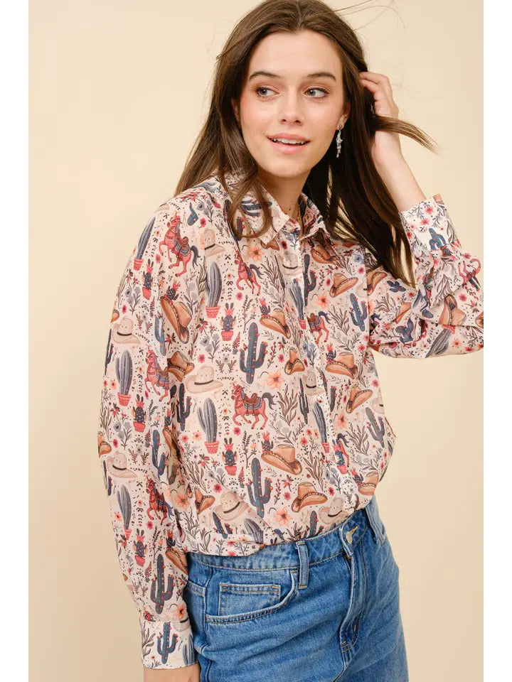 Western Motif Button-Down Blouse Beige