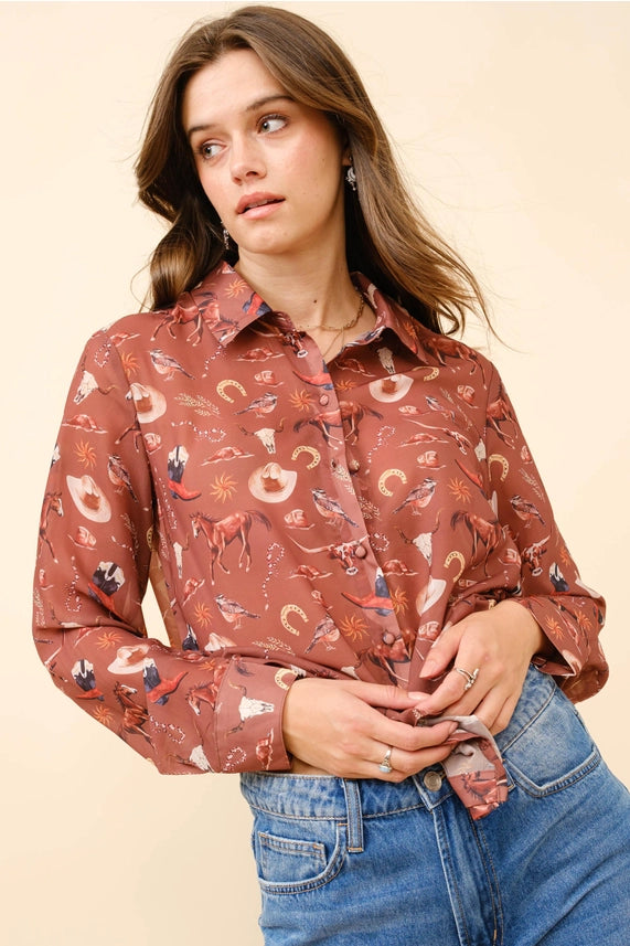 Western Motif Button-Down Russet BRN