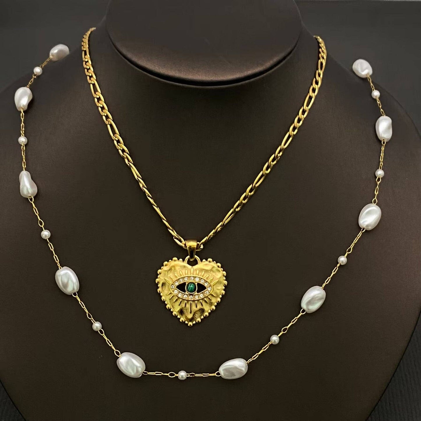 CZ Heart Shape Evil Eye 18K Gold Plated SS Necklace - FGS