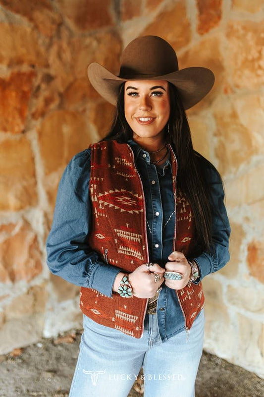 Maroon Orange Beige Aztec Vest