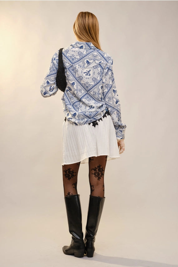 Blue Western Printed Button-Up