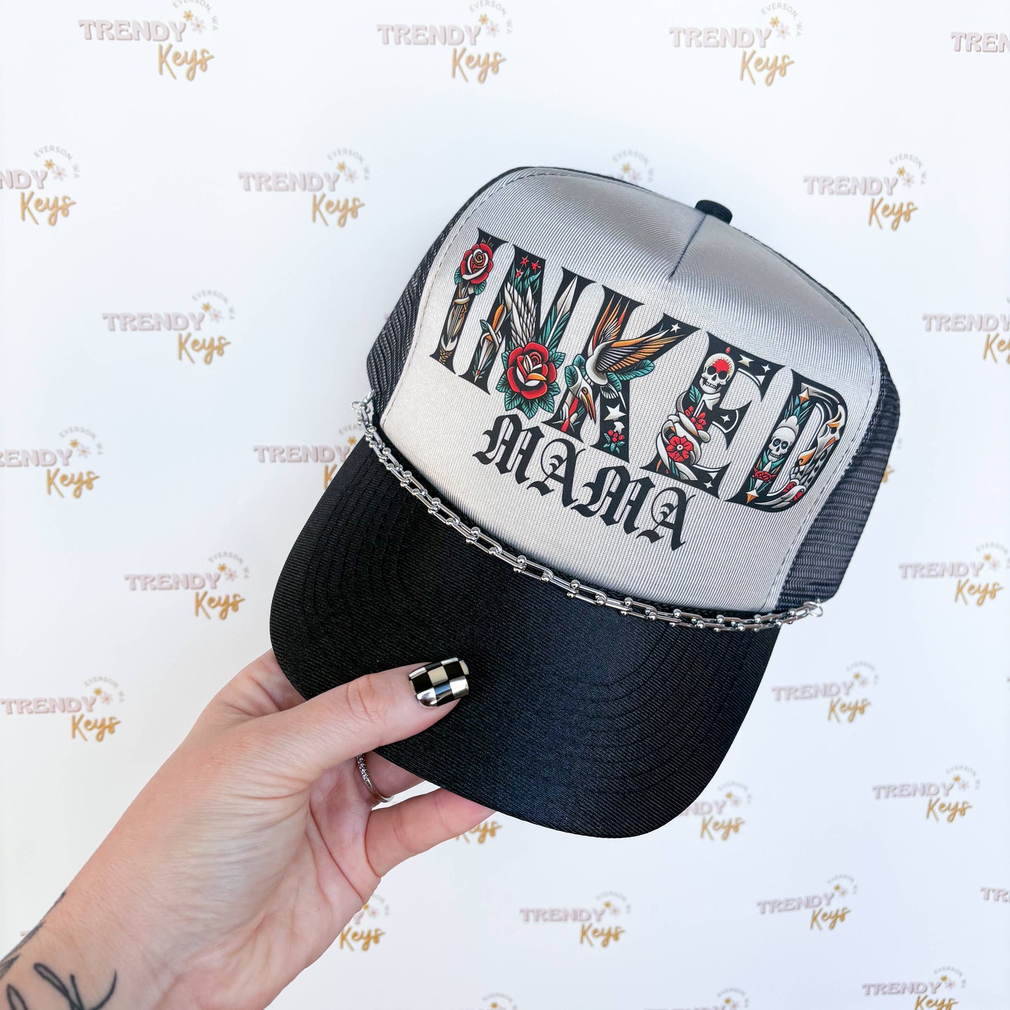 Inked Mama Graphic Print Trucker Hat: With Chain