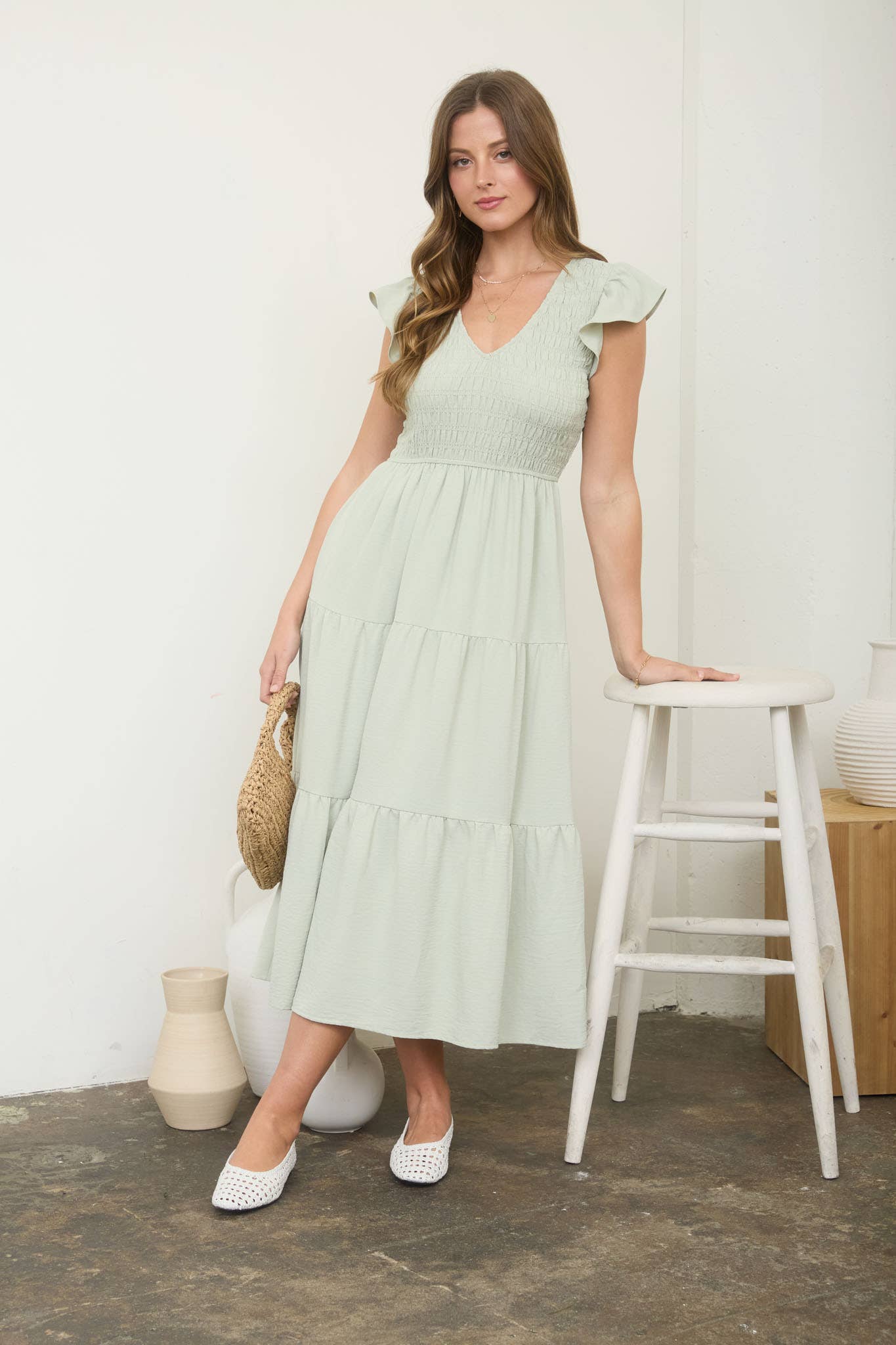 Smocked Midi Dress: Light Olive