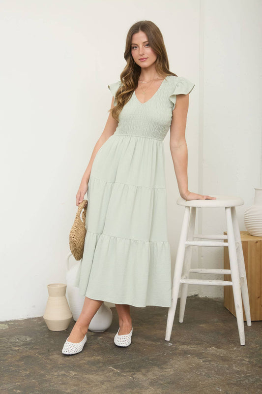 Smocked Midi Dress: Light Olive