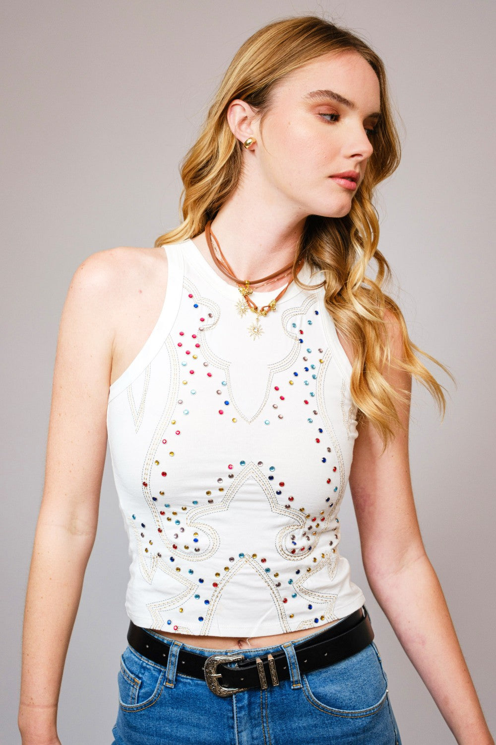Cotton Jersey Embroidered Studded Crop Top