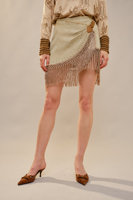 Western Fringe Denim Mini Skirt