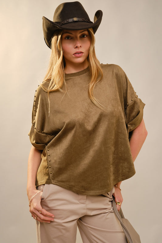 Studded High Low Oversized Tee Olive