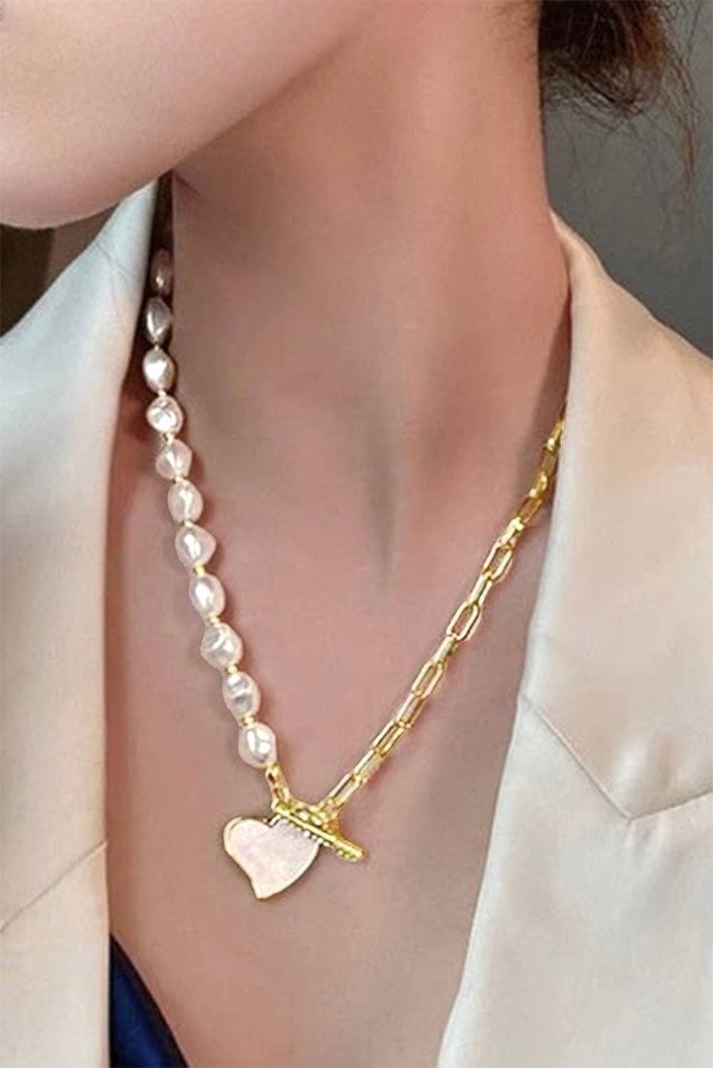 Gold Heart Shape Pendant Pearl Chain Necklace