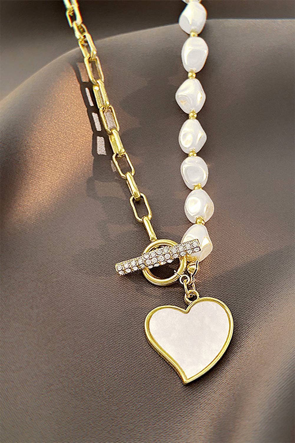 Gold Heart Shape Pendant Pearl Chain Necklace