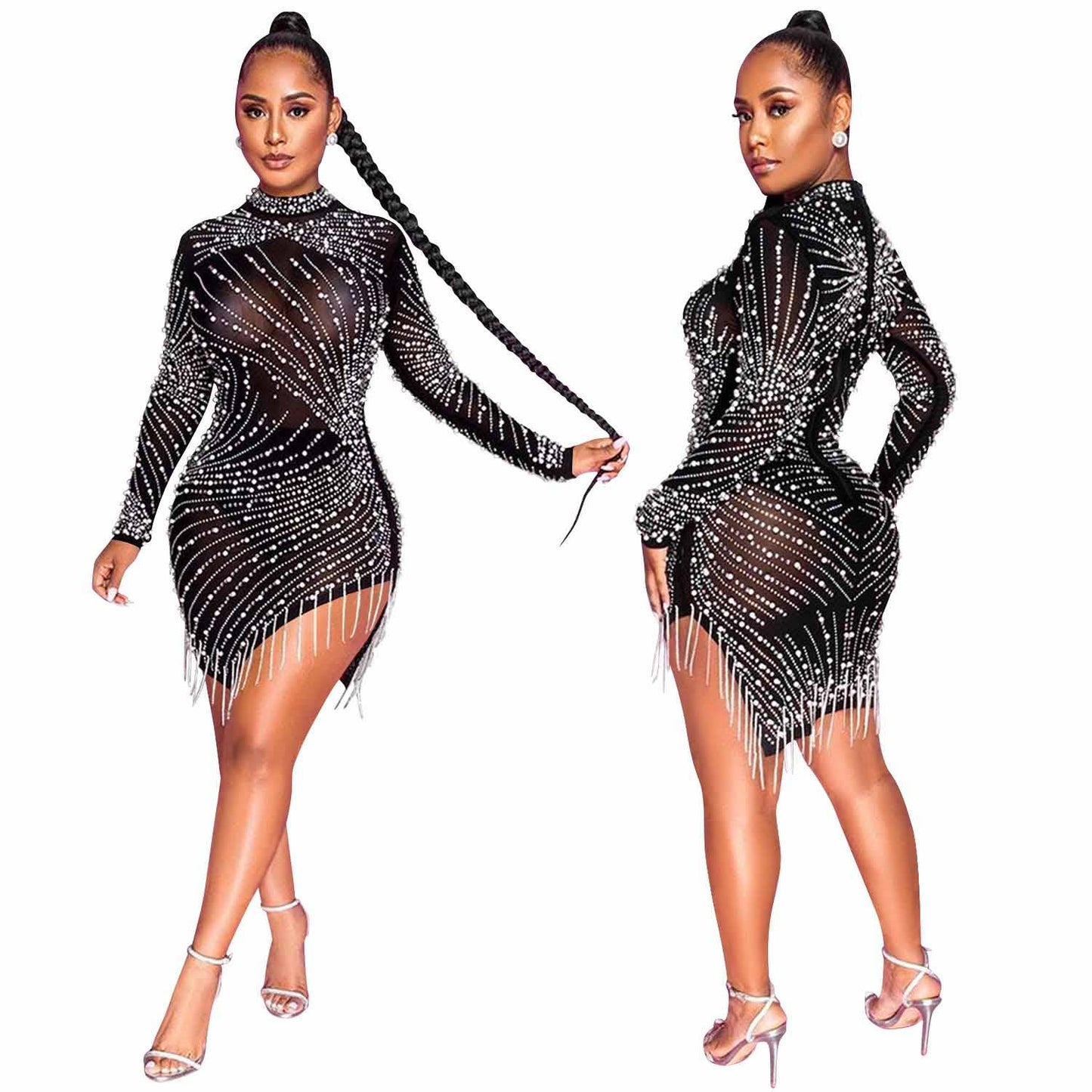 Rhinestone Mesh Dress: Black