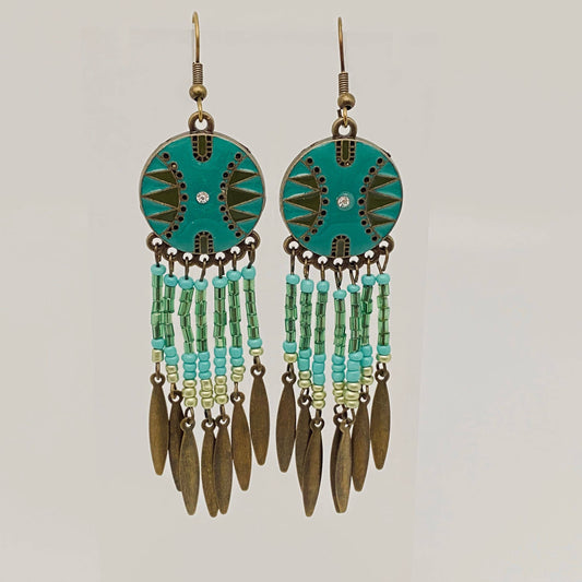 Boho Green Rice Bead Tassel Earring