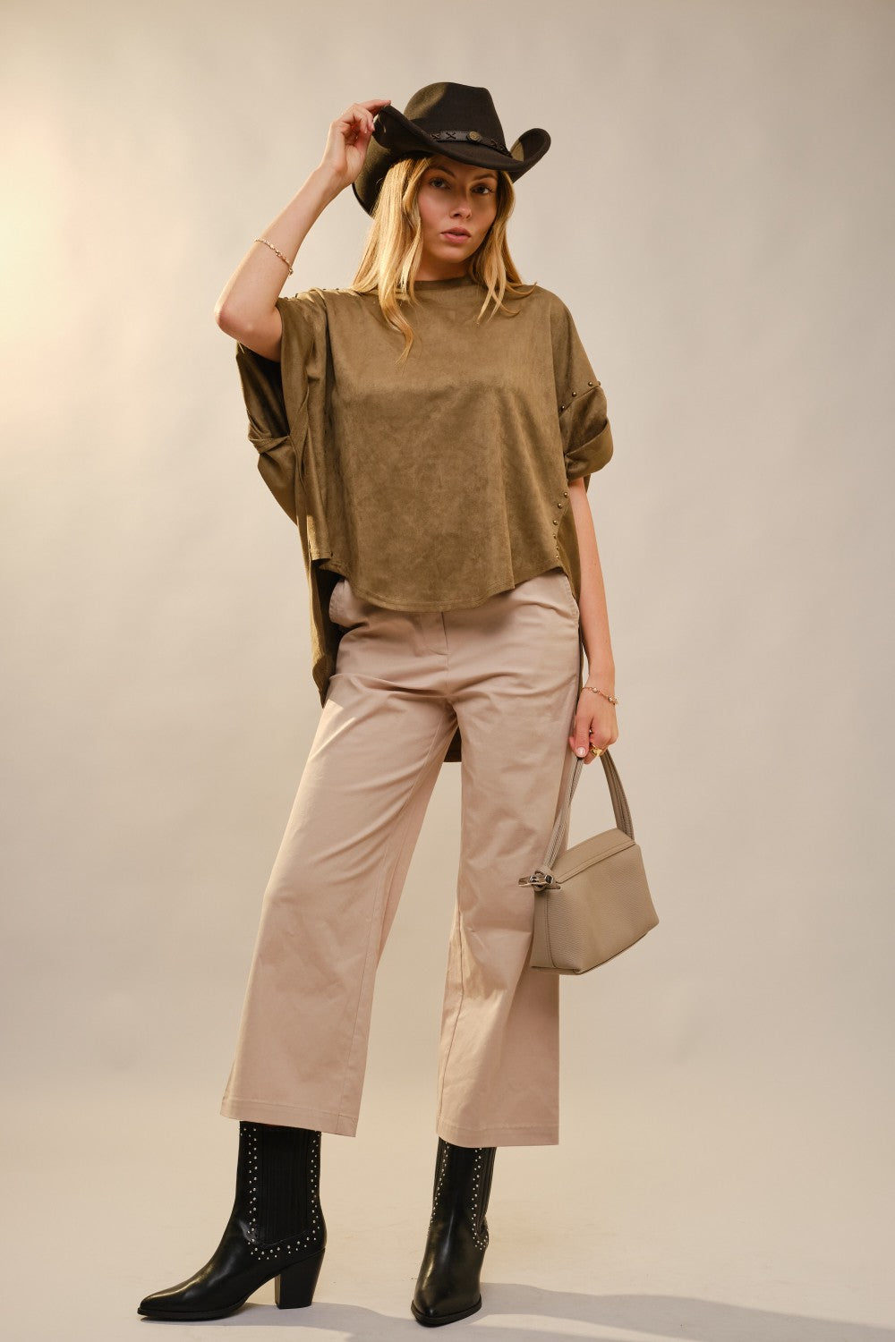 Studded High Low Oversized Tee Olive