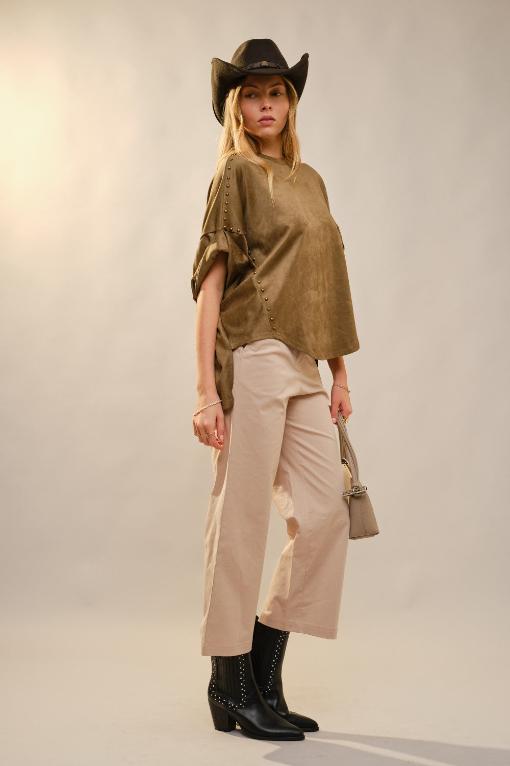 Studded High Low Oversized Tee Olive