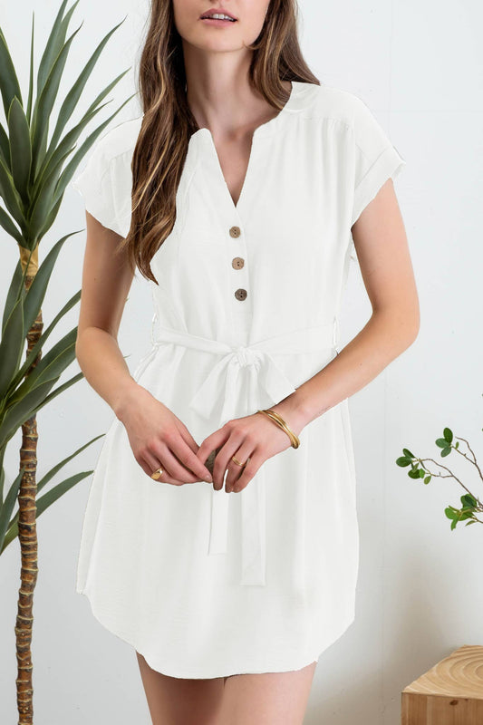 Belted Mini Shirt Dress White