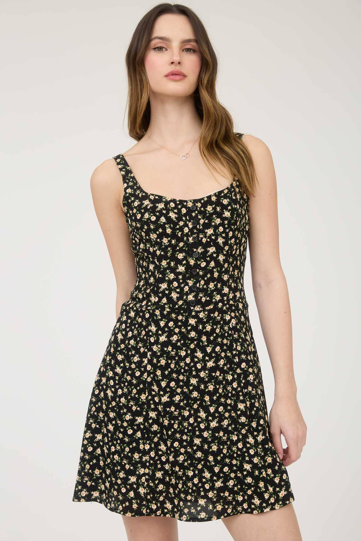 FLORAL SLEEVELESS HALF BUTTON DOWN MINI DRESS: CREAM MULTI