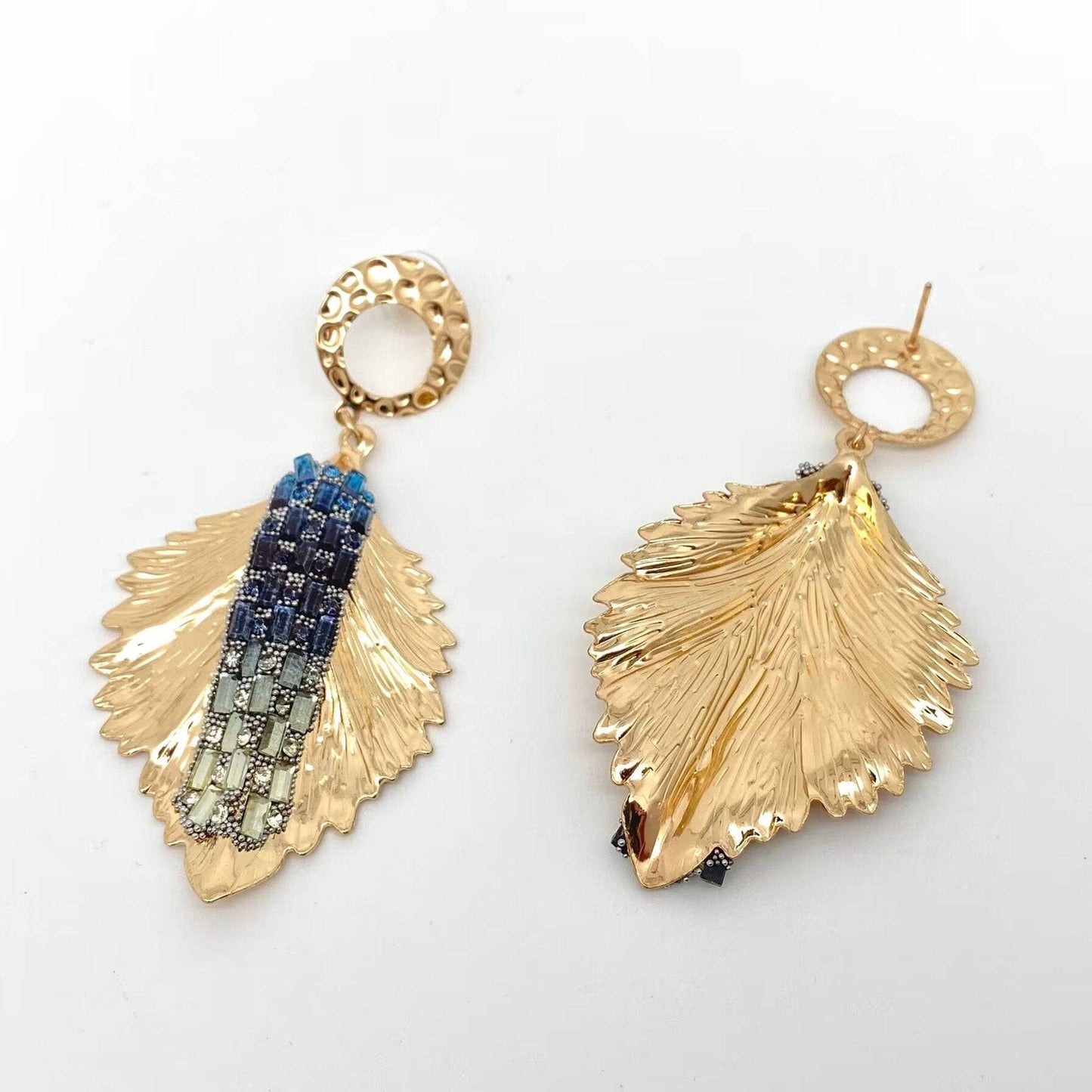 Blue Rhinestone Golden Metal Feather
