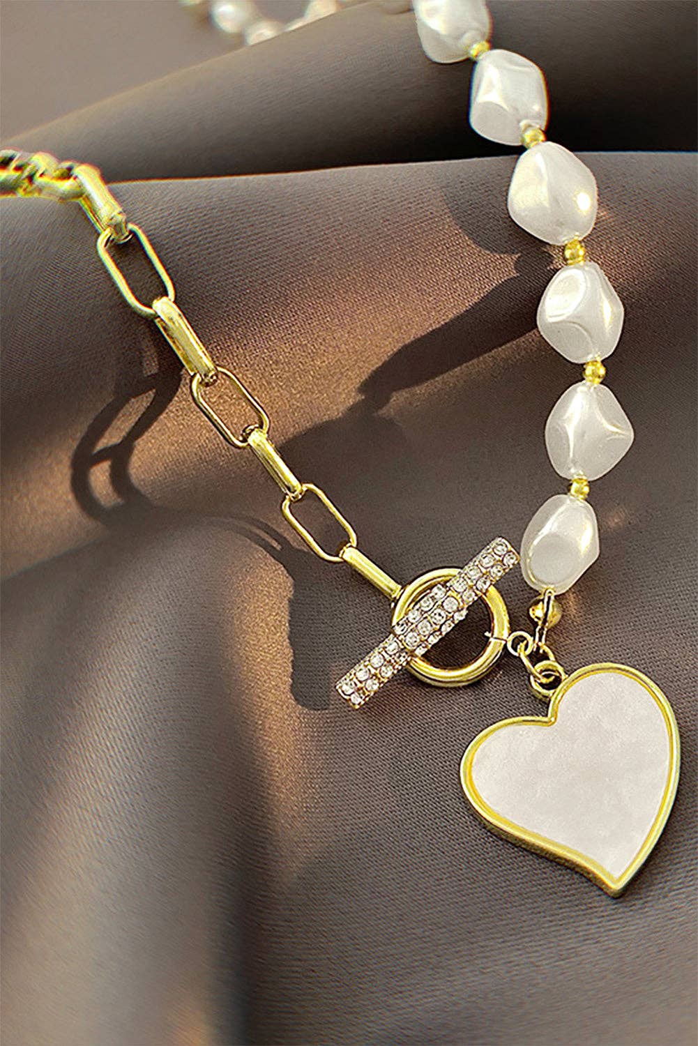 Gold Heart Shape Pendant Pearl Chain Necklace