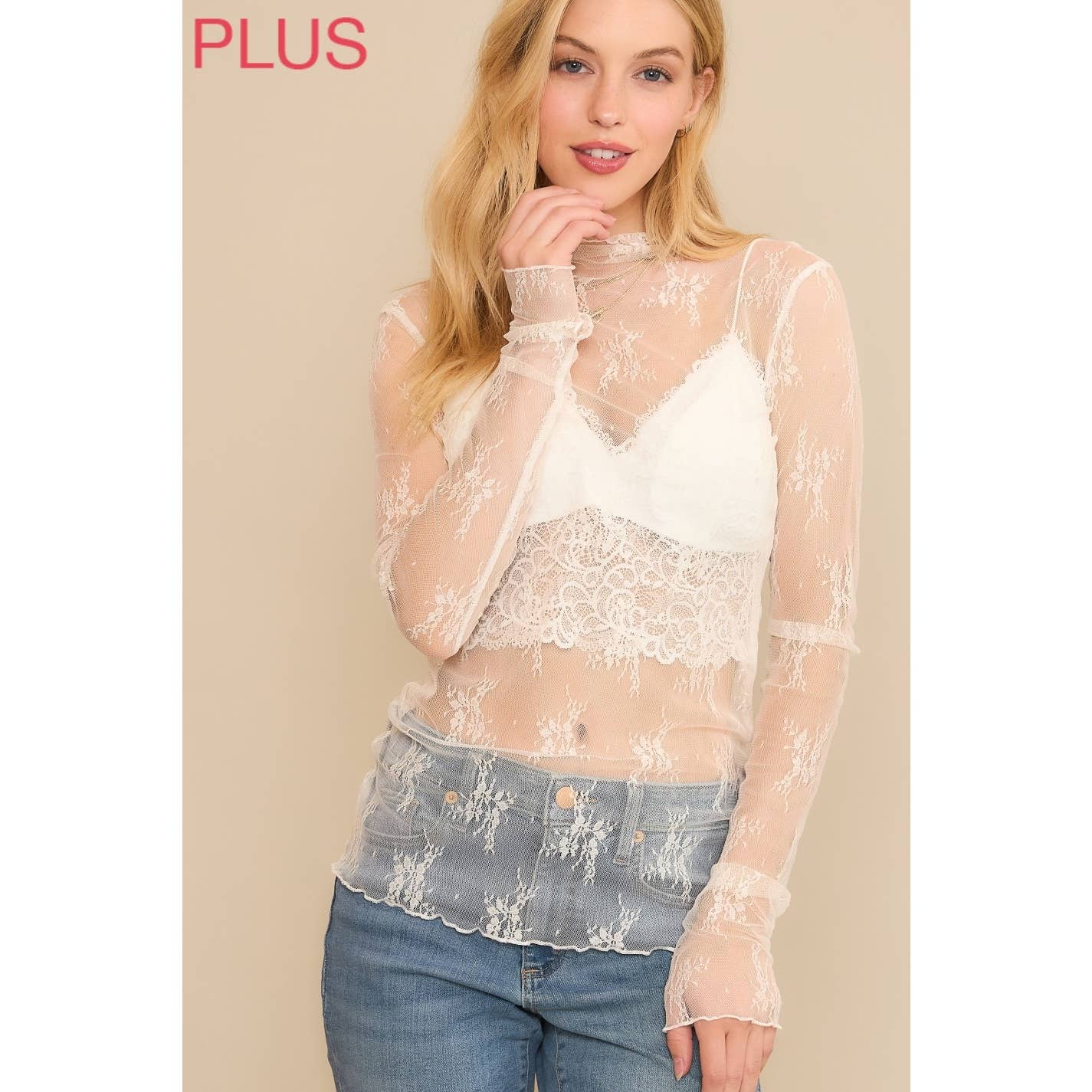 PLUS MESH LACE TOP: Off White