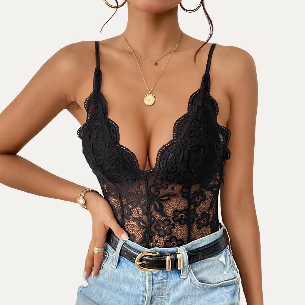 Chic Black Lace Sheer Sleeveless Bodysuit