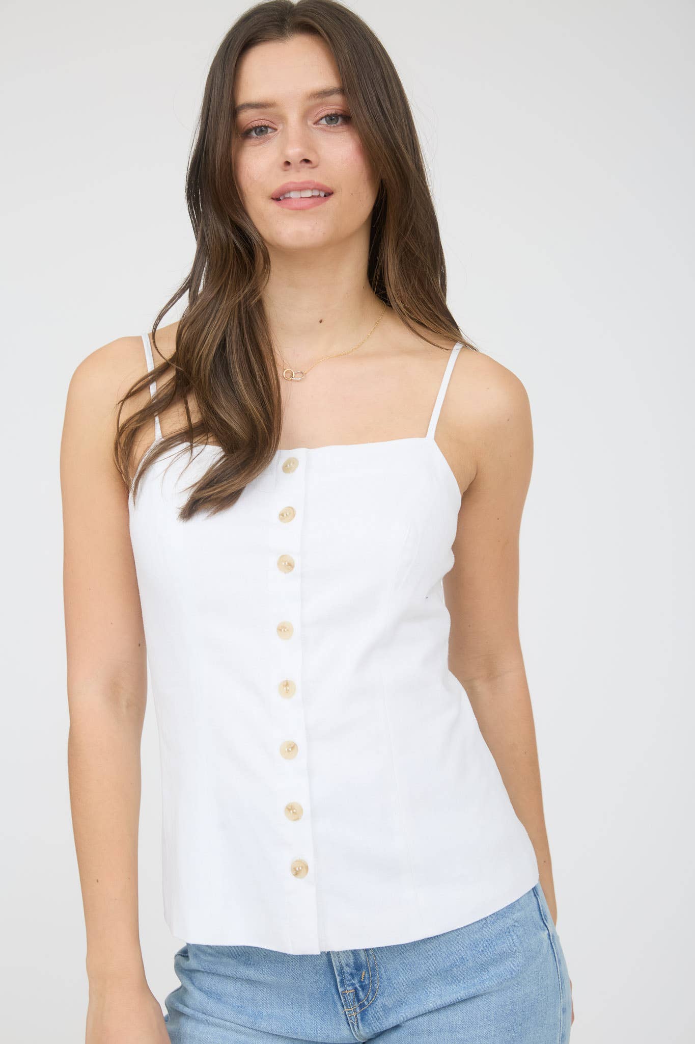 BUTTON DOWN SPAGHETTI STRAP LINEN TOP: WHITE
