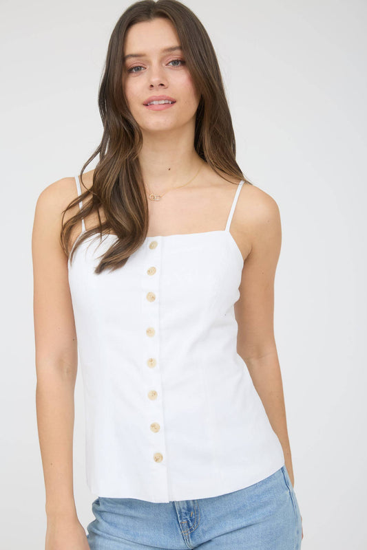 BUTTON DOWN SPAGHETTI STRAP LINEN TOP: WHITE