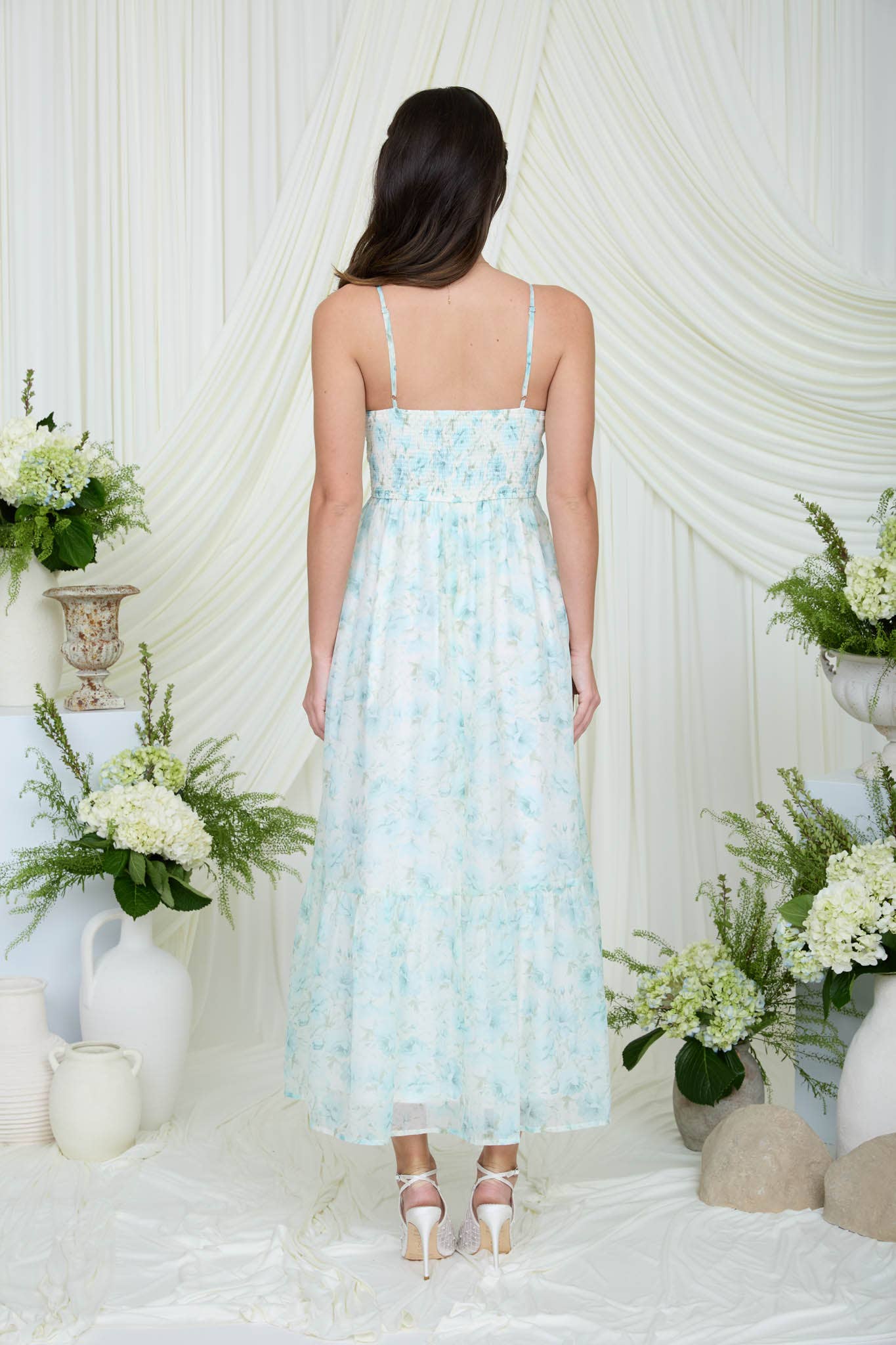 Floral Spaghetti Strap Corset Midi Dress: Mint