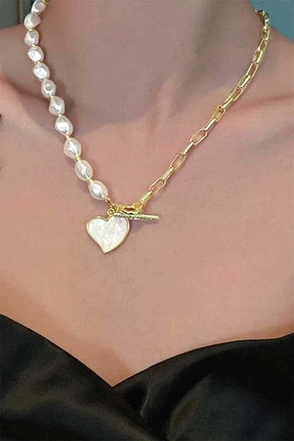 Gold Heart Shape Pendant Pearl Chain Necklace