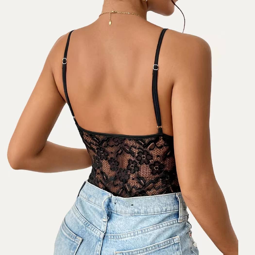 Chic Black Lace Sheer Sleeveless Bodysuit