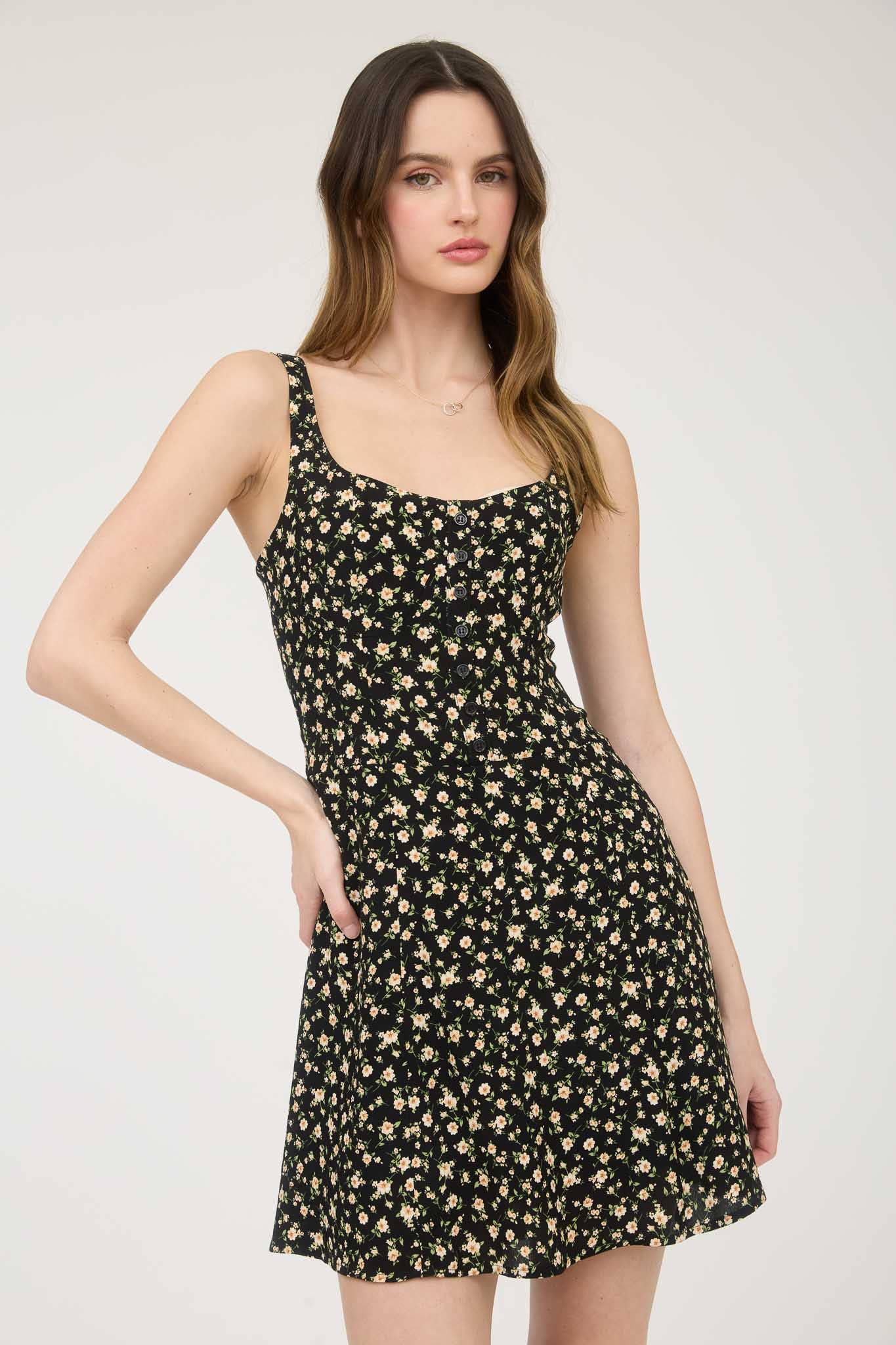 FLORAL SLEEVELESS HALF BUTTON DOWN MINI DRESS: CREAM MULTI