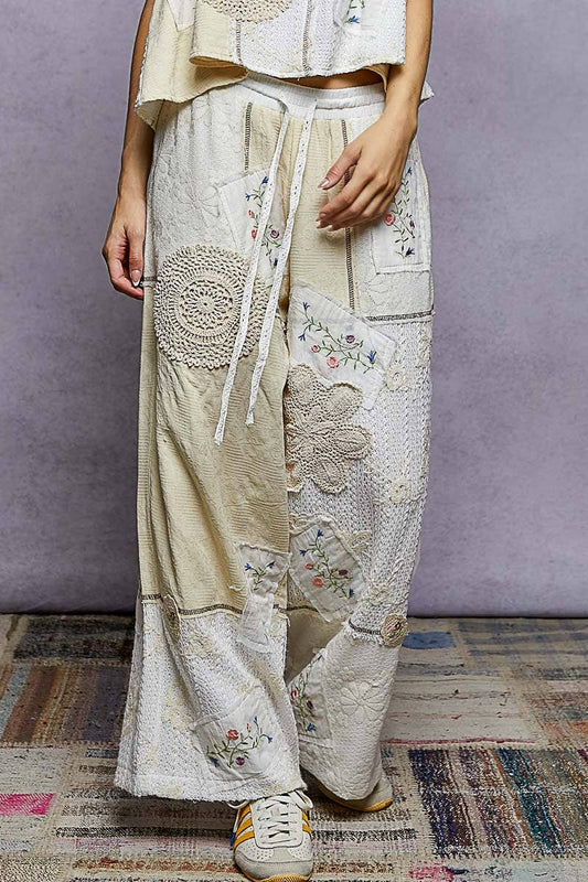 Solid Lace Patch Detail Woven Pants