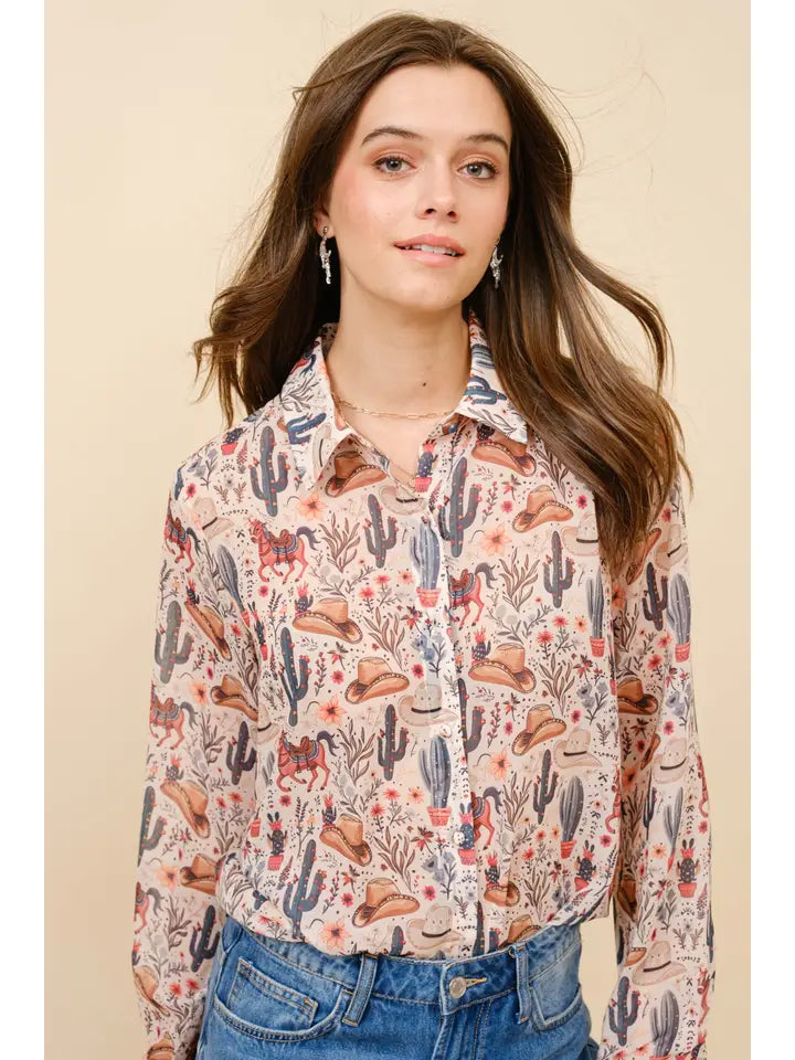 Western Motif Button-Down Blouse Beige